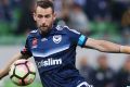 MELBOURNE, AUSTRALIA - APRIL 14: Carl Valeri of the Victory kicks the ball during the round 27 A-League match between ...