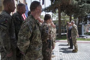 Defense Secretary Jim Mattis and Army Gen. John Nicholson, Resolute Support commander, meet with some of the mission's senior leaders and commad staff at the Resolute Support Headquarters in Kabul, Afghanistan, April 24, 2017.