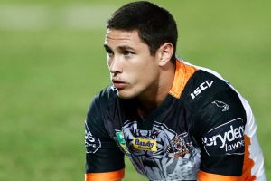 TOWNSVILLE, AUSTRALIA - APRIL 08: Mitchell Moses of the Tigers warms up prior to the round six NRL match between the ...