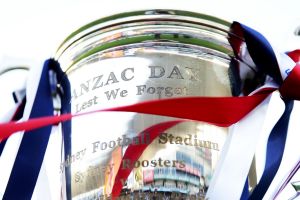 The Anzac Day Trophy before the match between the St George Illawarra Dragons and the Sydney Roosters.