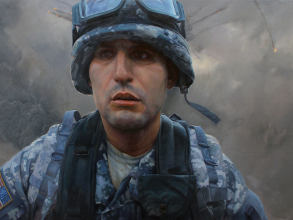 Painting of a soldier running away from an explosion in an American military uniform