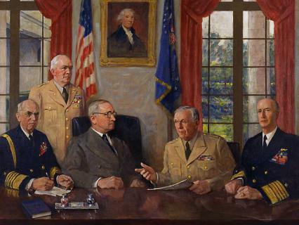 A painting of five men discussing a piece of paper around a mahogany table