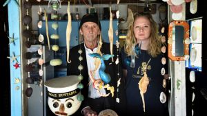 Artist Reg Mombassa (aka Chris O'Doherty) with his daughter and artist Lucy O'Doherty at the shacks at Garie Beach. 12th ...