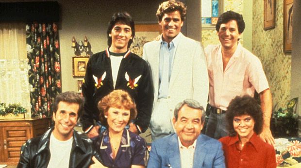 The cast of <i>Happy Days</i> from left to right: The Fonz (Henry Winkler), Chachi (Scott Baio), Marion Cunningham ...