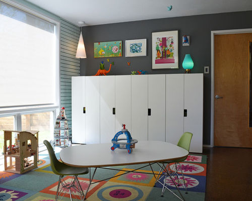 Design ideas for a midcentury gender-neutral kids' room in Dallas with grey walls.