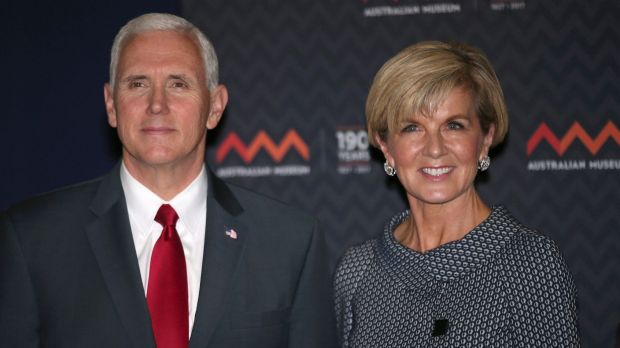 US Vice President Mike Pence and Foreign Minister Julie Bishop during his recent visit to Australia.