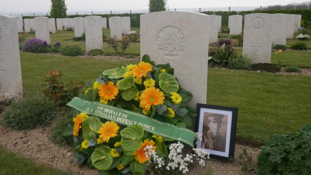 "Lost, loved and never forgotten": a wreath from the Australian Defence Force honours Vivian Taylor, who fell near Le ...