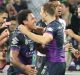 Game-breaker: Felise Kaufusi celebrates his try against the Warriors at AAMI Park.