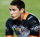 TOWNSVILLE, AUSTRALIA - APRIL 08: Mitchell Moses of the Tigers warms up prior to the round six NRL match between the ...