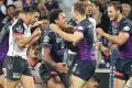 Game-breaker: Felise Kaufusi celebrates his try against the Warriors at AAMI Park.