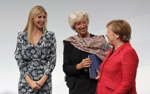 Ivanka Trump, daughter and adviser of U.S. President Donald Trump, International Monetary Fund Managing Director Christine Lagarde and German Chancellor Angela Merkel, from left, chat after a panel at the W20 Summit in Berlin Tuesday, April 25, 2017.