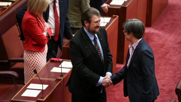 Senator Derryn Hinch and Senator Penny Wong on Tuesday.