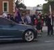 The car as it narrowly misses the Anzac Day marchers in Elmore.