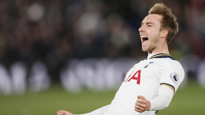 Tottenham's Christian Eriksen celebrates after he scored a goal during the English Premier League soccer match between Crystal Palace and Tottenham Hotspur at Selhurst Park stadium in London, Wednesday, April 26, 2017. (AP Photo/Kirsty Wigglesworth)