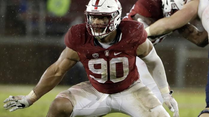 FILE - In this Nov. 26, 2016, file photo, Stanford defensive end Solomon Thomas (90) during an NCAA college football game against Rice, in Stanford, Calif. Thomas is a possible first round pick in the NFL Draft in Philadelphia on Thursday, April 27, 2017.(AP Photo/Marcio Jose Sanchez, FIle)