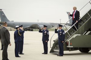 Col. Daniel Yenchesky, 128th Air Refueling Wing Commander, stands by as Air Force One comes to a stop bringing President Donald Trump to Wisconsin for a visit to Kenosha’s Snap-On Tools April 13, 2017