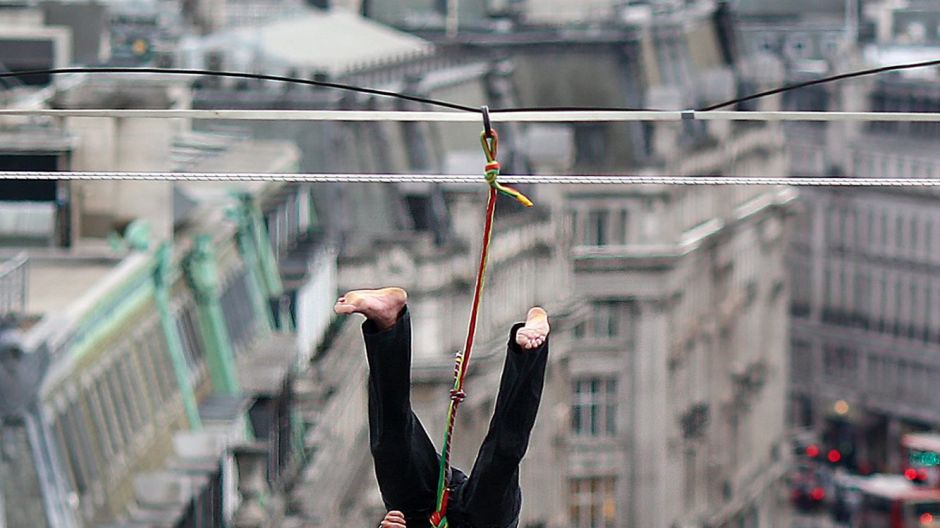  One of The Flying Frenchies, stars of the new film The Free Man, rehearse at BBC Broadcasting House  in London.