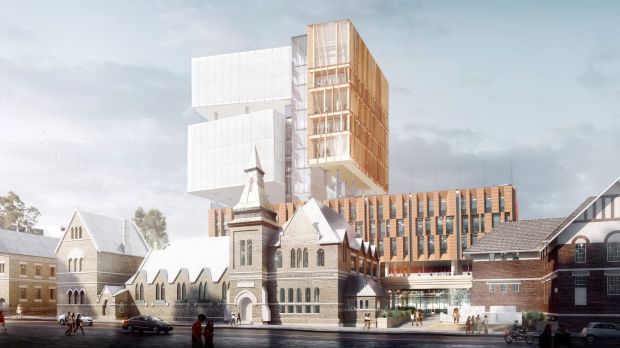 Artist impressions for a new 14-storey high school in Surry Hills.