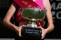 Last year's winner Talia Martin with the Stawell Gift trophy.