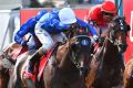 Last-start winner: Andrew Mallyon riding Tally (left) defeats Patrick Moloney riding Vengeur Masque in the Mornington Cup.