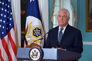 U.S. Secretary of State Rex Tillerson answers questions after delivering remarks at a press availability, at the U.S. Department of State in Washington, DC., April 19, 2017