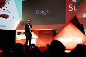 File - Google boss Sundar Pichai speaking at the 2015 Mobile World Congress in Barcelona, Spain.