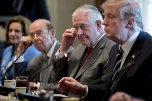 From second from left, Commerce Secretary Wilbur Ross, Secretary of State Rex Tillerson and President Donald Trump listen as Egyptian President Abdel Fattah Al-Sisi speaks during a bilateral meeting in the Cabinet Room of the White House in Washington, Monday, April 3, 2017.