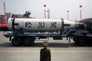 FILE - In this April 15, 2017 file photo, a submarine missile is paraded across the Kim Il Sung Square during a military parade, in Pyongyang, North Korea to celebrate the 105th birth anniversary of Kim Il Sung, the country's late founder.