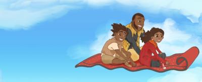 Jamillah, Genie and Aladdin flying on the magic carpet.