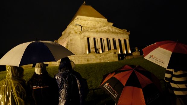 Hundreds of people gather at the Shrine of Remembrance for the ANZAC Day dawn service.