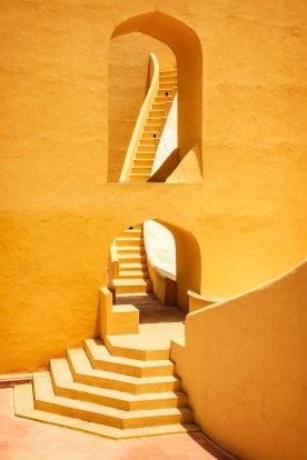 Architectural detail photo of the Jantar Mantar monument in Jaipur, Rajasthan, India. It is a collection of nineteen ...