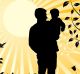 Happy family, vector illustration, child; son; parent; baby; sky; sun; grass; happiness; family; pleasure; field; ...