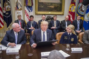 Agriculture Secretary Sonny Perdue attends a Farmer's Round table where President Donald Trump signed the Executive Order Promoting Agriculture and Rural Prosperity in America on April 25, 2017, at the White House in Washington, D.C