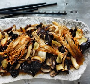 Kylie Kwong's stir fry of five mushrooms with soy and ginger. 