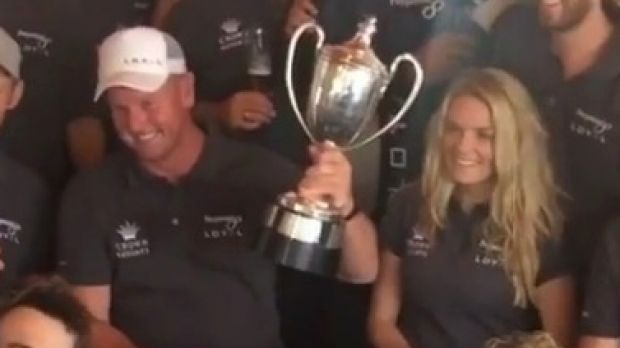 Erin Molan and Anthony Bell celebrate after winning the Sydney to Hobart Yacht Race on Perpetual Loyal.