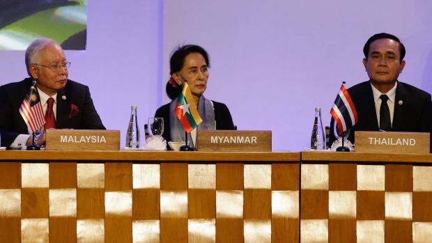 Malaysian Prime Minister Najib Razak, Myanmar State Counsellor Aung San Suu Kyi and Thai Prime Minister Prayuth ...