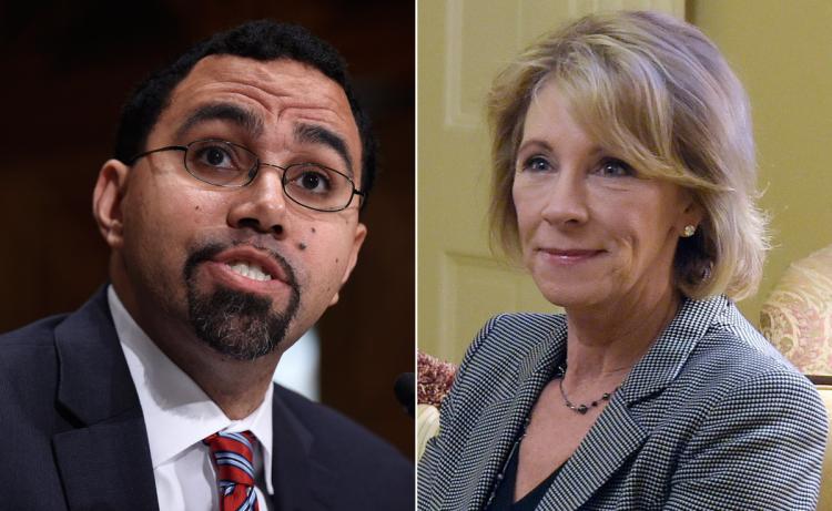 Obama’s current Secretary of Education is (l.) John King Jr. The incoming Secretary of Education is Betsy DeVos (r.).