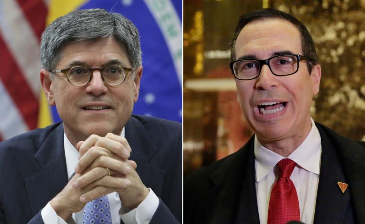 The current Secretary of the Treasury is Jack Lew (l.). Trump nominated Steven Mnuchin (r.) for the same position.