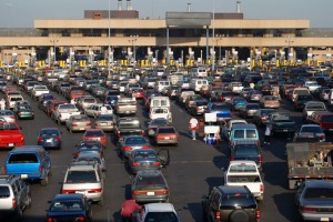 Cars lined up to pass into America from Tijuana, Mexico.