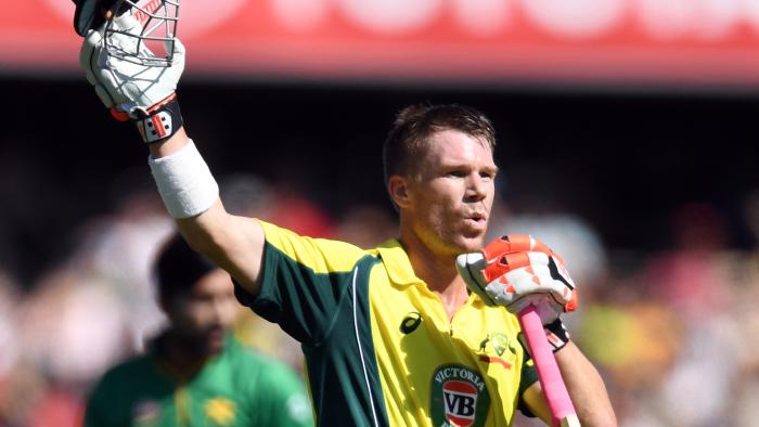 David Warner of Australia celebrates scoring a century during the fourth One Day International between Australia and Pakistan at the Sydney Cricket Ground in Sydney on Sunday, Jan. 22, 2017. (AAP Image/Paul Miller) NO ARCHIVING, EDITORIAL USE ONLY, IMAGES TO BE USED FOR NEWS REPORTING PURPOSES ONLY, NO COMMERCIAL USE WHATSOEVER, NO USE IN BOOKS WITHOUT PRIOR WRITTEN CONSENT FROM AAP