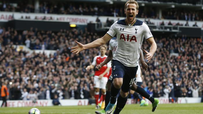 Tottenham Hotspur's Harry Kane celebrates after scoring his sides second goal from the penalty spot during the English Premier League soccer match between Tottenham Hotspur and Arsenal at White Hart Lane in London, Sunday, April 30, 2017. Tottenham won the game 2-0. (AP Photo/Alastair Grant)