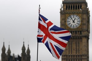 A union flag flies in front of Britain's Parliament buildings in London, Friday, March 10, 2017.