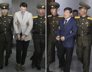 In this combination of file photos, U.S. citizens Otto Warmbier on March 16, 2016, left, and Kim Dong Chul on April 29, 2016; are escorted at court in Pyongyang, North Korea.