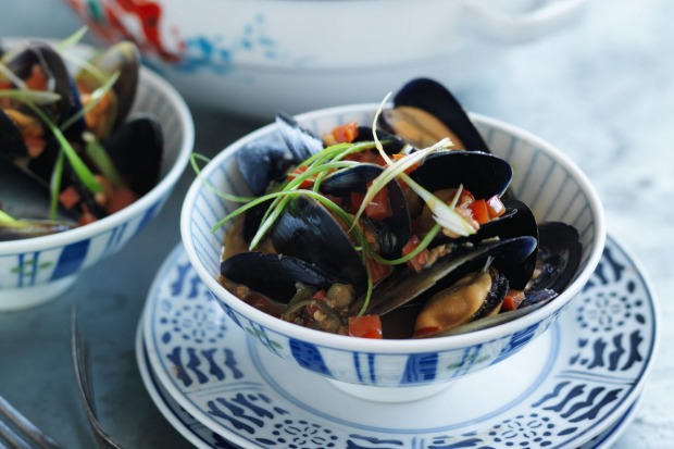 Stir-fried mussels with red bean curd and chillies. <a ...