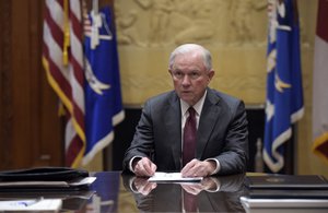 n this Feb. 9, 2017, file photo, Attorney General Jeff Sessions holds a meeting with the heads of federal law enforcement components at the Department of Justice in Washington.