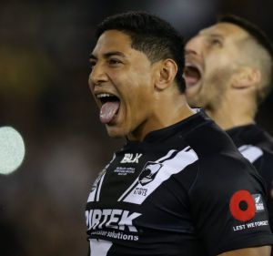 Strong tradition: Jason Taumalolo and Shaun Johnson lead the haka for New Zealand before the 2016 Anzac Test.