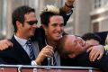 Michael Vaughan, Kevin Pietersen and Andrew Flintoff celebrate during the 2005 Ashes victory parade in London.