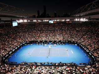 A general view of Rod Laver Arena is seen as Roger Federer of Switzerland serves during the Mens Singles Final against Rafael Nadal of Spain on day fourteen of the Australian Open, in Melbourne, Australia, Sunday Jan. 29, 2017. (AAP Image/Dean Lewins) NO ARCHIVING, EDITORIAL USE ONLY