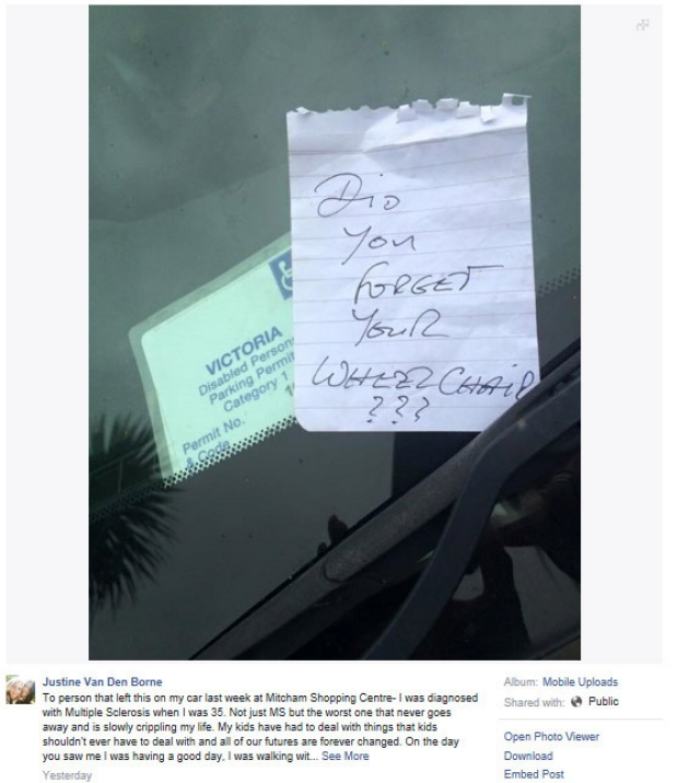 Primary example. This note was left on Justine Van Der Borne's windscreen after she parked. IMAGE SOURCE FACEBOOK SUPPLIED by Miki Perkins 11th November 2015 THE AGE NEWS