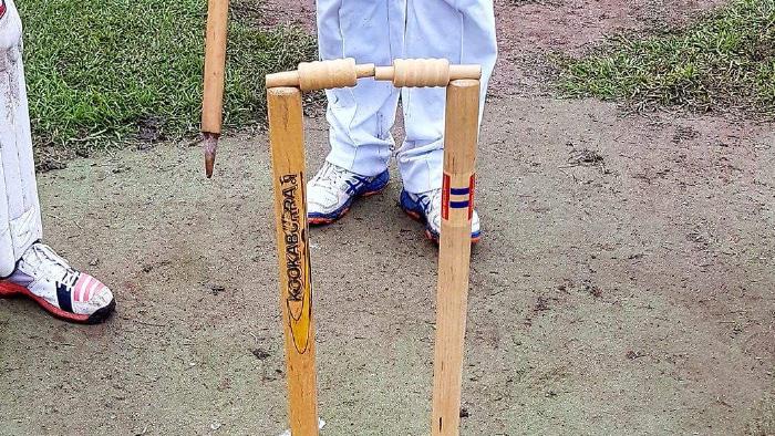 A batsman was given out in a Mid Year Cricket Association match between Moonee Valley and Strathmore Heights despite the bails staying on when middle stump was dislodged. Picture: Supplied.